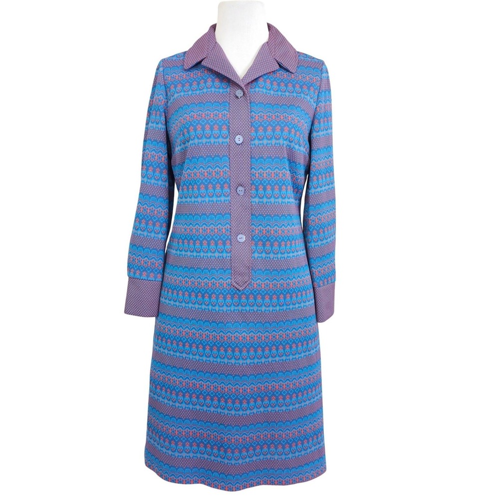 Vintage 60s Krest Originals Mod Knit Dressβ Blue Pink ILGWU USA Womens L